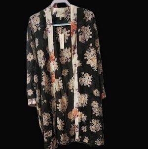Speed Control Black Sheer Floral Kimono With Cream Trim & Purple-Orange Blooms